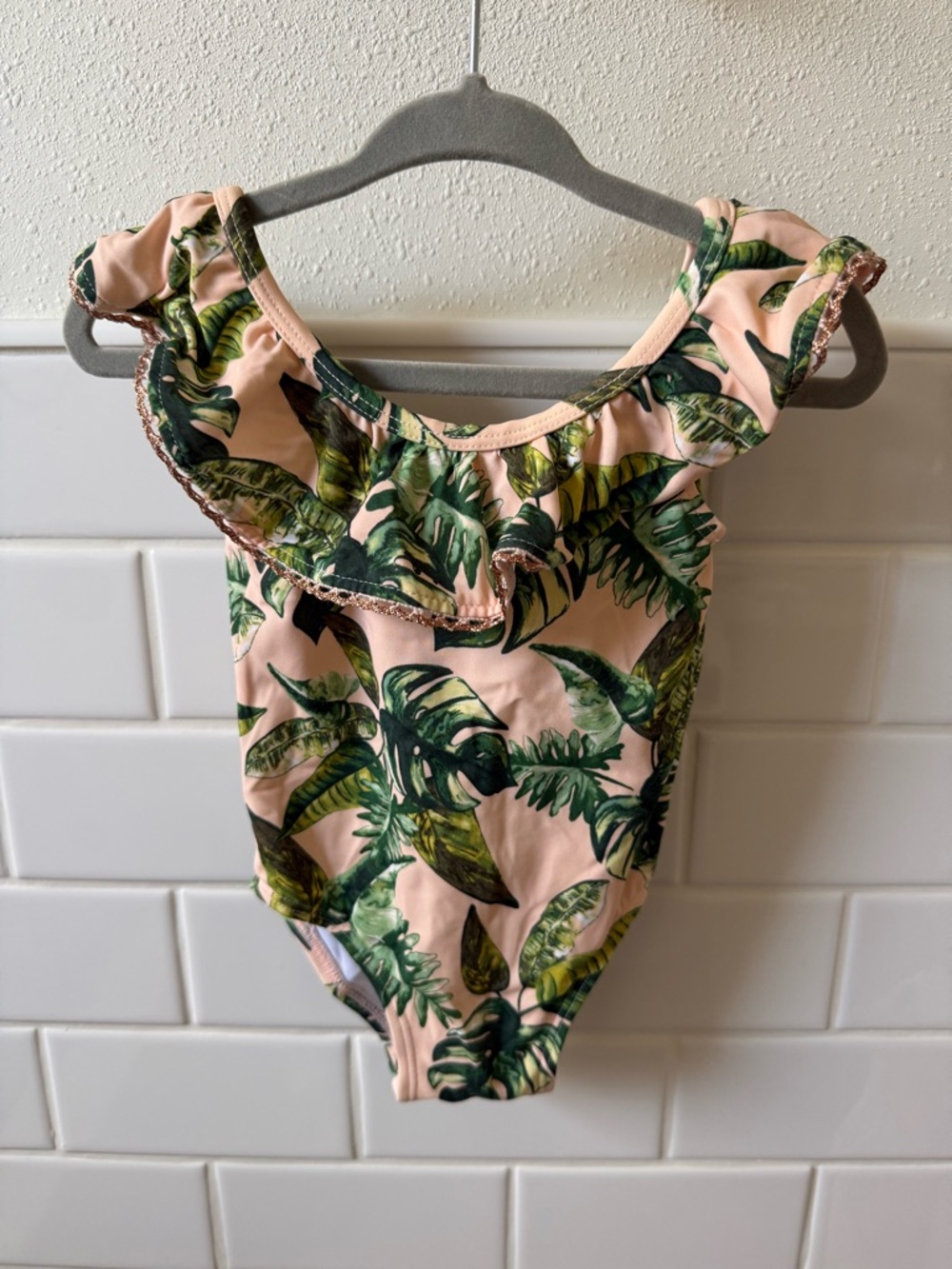 Janie and Jack Pink Tropical Leaf Ruffle One-Piece Swimsuit